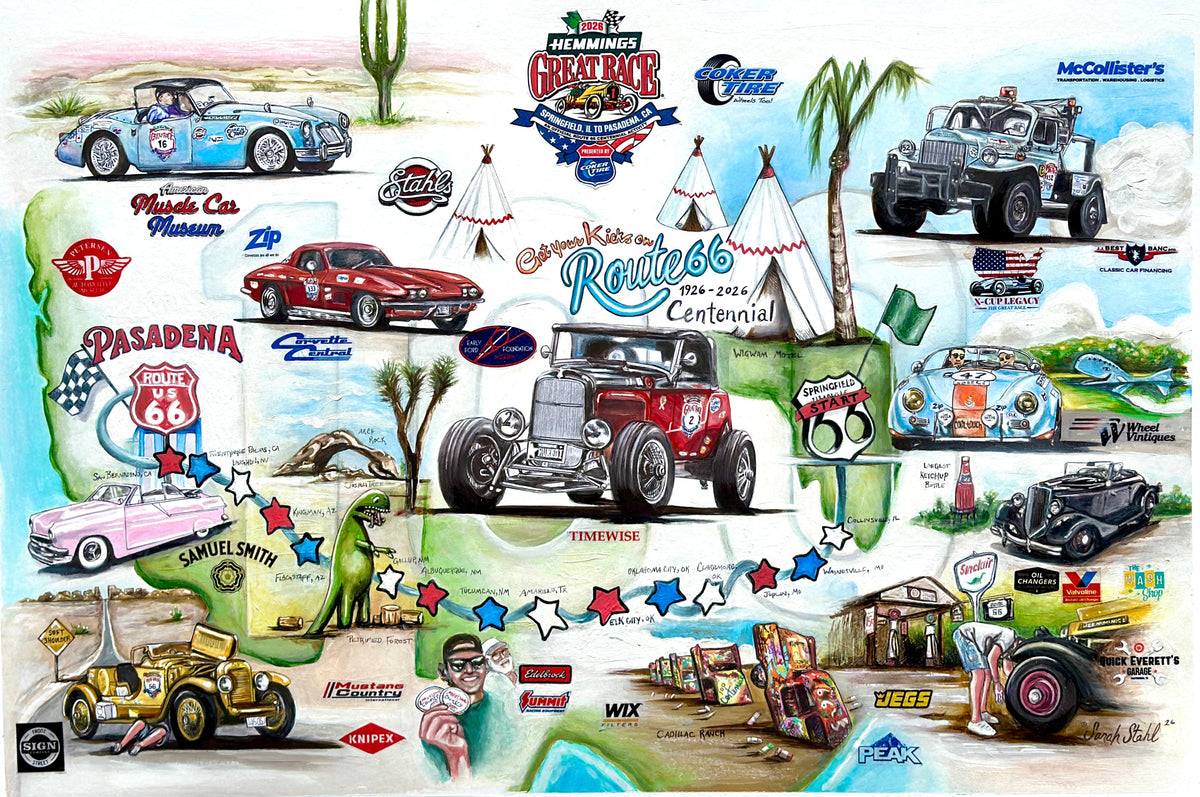 Each painting is the result of months of research, planning, and artistic detail. From studying the featured vintage automobiles and the race route to carefully designing the composition, every element is created to capture the spirit and history of this unforgettable event.